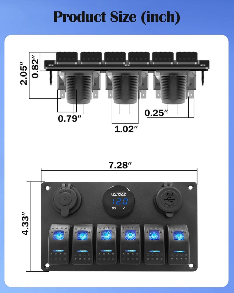 THALASSA Marine Boat Rocker Switch Aluminum Panel Waterproof with 6 Gang Blue LED Switches, 3.1A Dual USB Outlet, Red Digital Voltage Display, DC 12V Car Power Socket for Car Truck RV Vehicles Yacht - Image 4